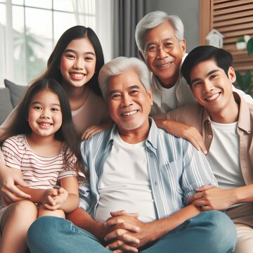  Filipino family and happy portrait with senior grandfather and children relaxing together in home. Father, parent and young girl enjoy bonding time in house with age gap relatives.