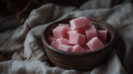 Obraz na płótnie Canvas a wooden bowl filled with watermelon cubes on top of a white linen covered table cloth on top of a bed.