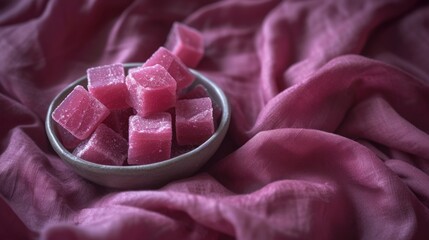 a bowl full of cubes of watermelon sitting on a pink cloth covered table cloth on top of a bed.