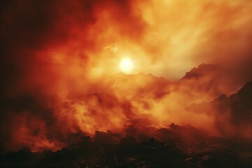 A smoky landscape of orange and red with a dark silhouette of a mountain