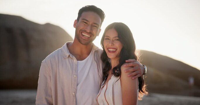 Sunset, smile and face of couple at beach on holiday, travel and summer vacation on valentines day date. Portrait, happy man and woman at ocean together for love, embrace or laughing at sea in Mexico