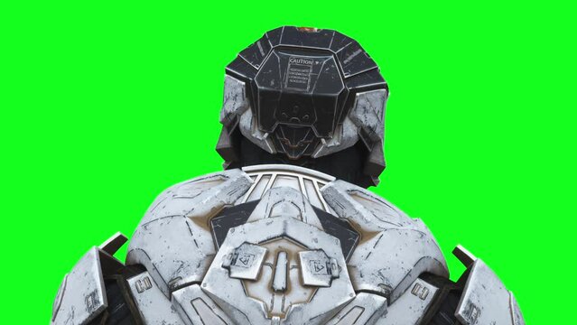 Military futuristic cyborg, robot. Realistic 4k green screen animation.