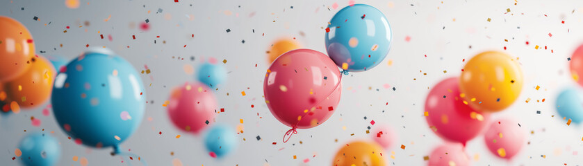 Amidst a backdrop of gradient hues, the sight of vibrant balloons intermingled with sparkling confetti conjures up feelings of festive merriment and exuberant joy. Perfect for simple poster layout. - obrazy, fototapety, plakaty