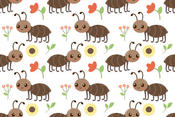 Seamless vector pattern with cute ant character. Funny insect on white ,flat doodle style for children and newborn fabric or over paper print.