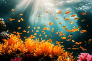 Fototapeta na wymiar Stunning underwater scene with vibrant coral and school of tropical fish swimming in sunlit ocean water.