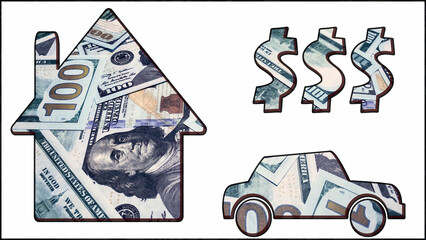 House made of American currency banknotes, car made of dollars, money on white background. Mortgage and savings concept.