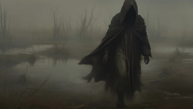 A spectral figure wearing a garb of dark smoke and ash its face lost in a swirling Fantasy art concept. .