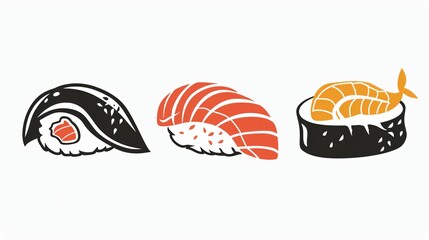 sushis japonais, dessin façon logo ou icônes minimaliste, sur fond blanc, illustration ia générative - obrazy, fototapety, plakaty