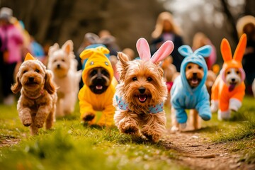 Cute dogs dressed in colorful costumes, joyfully running outdoors during a festive pet parade in a park.