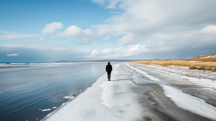 A lone person walks along a snowy, icy beach under a cloudy sky, instilling a sense of peaceful solitude and winter beauty.