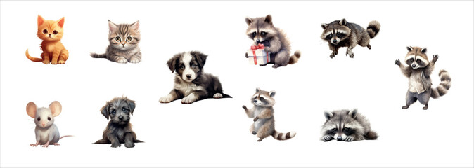 Adorable Collection of Illustrated Baby Animals Including Kittens, Puppies, Raccoons, and a Mouse, Isolated on a White