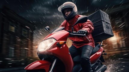 Fototapeta na wymiar Delivery man ride scooter motorcycle on thunder storm background