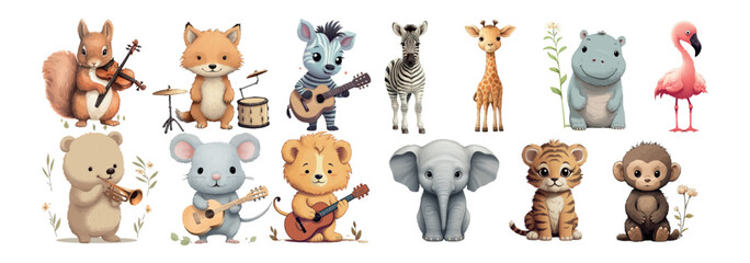Fototapeta premium Playful Illustrated Animals Engaged in Music: Squirrel Violinist, Fox Drummer, Zebra Guitarist, Giraffe Singer, Hippo Pianist, Flamingo Flutist, Bear Trumpeter, Mouse Saxophonist, 