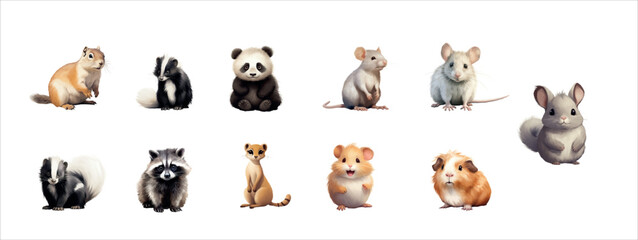 Collection of Adorable Illustrated Small Animals Isolated on White Background: Vector