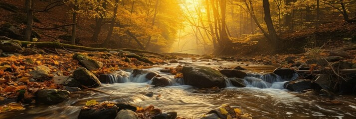 Scenic landscape, river in gold sunlight autumn forest, amazing colorful scenery, fallen leaves on big stones near fast stream. Mountain stream in autumn, stream in the forest