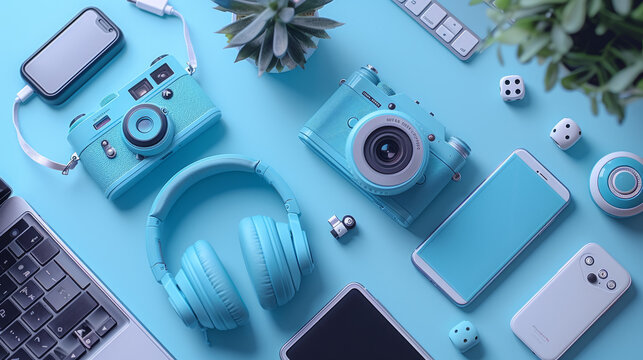 Mockup Set Featuring Headphones on Blue Background