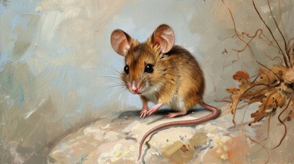 a painting of a mouse sitting on top of a piece of paper next to a dead plant on a table.