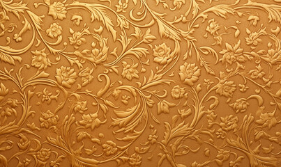 background embossed floral embossing on gold, voluminous wallpaper oriental ornament