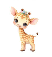 Cartoon baby giraffe wearing flower wreath, watercolor illustration isolated on transparent background