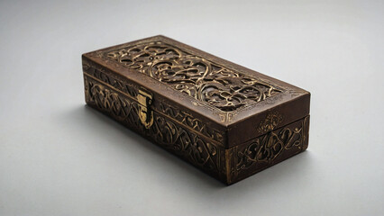 brown box with wooden carvings on the floor on a white background