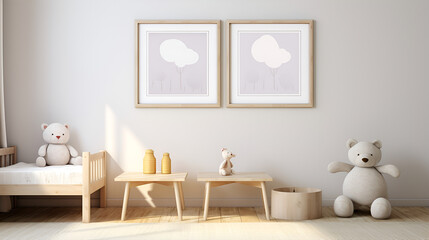 Sleek Elegance.Children's Bedroom Interior with Contemporary Blank Photo Frame