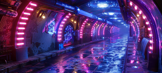 A futuristic tunnel illuminated by neon lights reflecting on the wet floor, creating a cyberpunk aesthetic. The perspective leads the eye into the depths of the night-lit passage.
