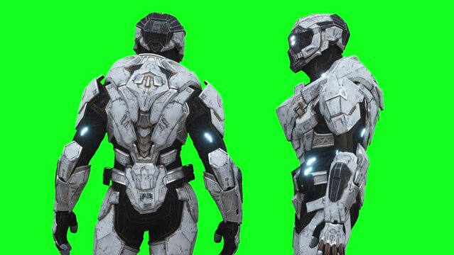 Military futuristic cyborg, robot. Realistic 4k green screen animation.