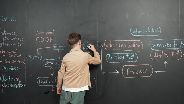Back view of smart boy writing engineering prompt on blackboard. Attractive happy student planing a project by using coding and programing system in STEM technology classroom. Closeup. Erudition.