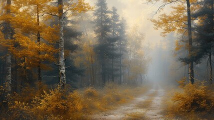 a painting of a foggy forest with a dirt road in the foreground and yellow trees in the background.