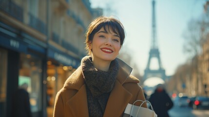 Fototapeta premium short hair woman walking and holding shopping bags in front of Eiffel Tower, Paris, France.