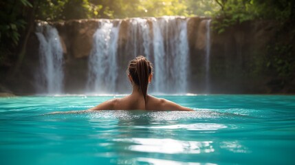 Fototapeta na wymiar spa shower under tropical waterfall, woman in water