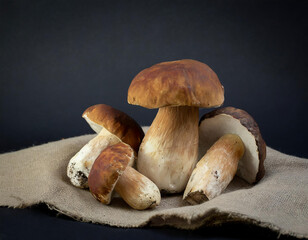 boletus mushrooms on eco fabric, product photography, food, restaurant, macro, black background