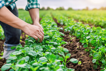 The farmer collects young vegetables in the garden.