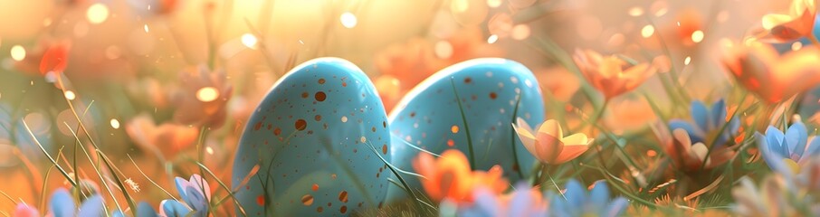 two blue easter eggs are in a field of flowers, in the style of confetti-like dots, light orange...