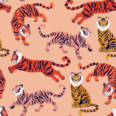 Seamless pattern with wild tigers in orange and yellow colors. Vector graphics.