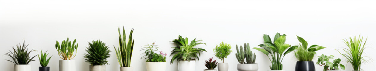 Assorted potted indoor plants lined up against a white background for a refreshing interior