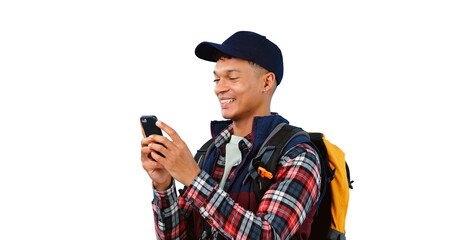 Hiking, smile and man reading with phone, internet or typing isolated on transparent png...