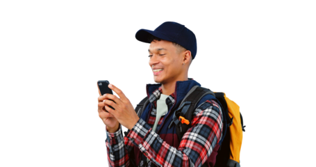 Hiking, smile and man reading with phone, internet or typing isolated on transparent png background. Person, trekking and smartphone for social media, technology or mobile app to travel on adventure