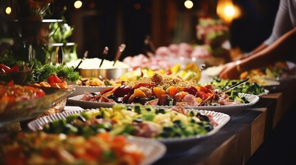 Elegant buffet spread with a variety of fresh and colorful dishes at a festive event - obrazy, fototapety, plakaty