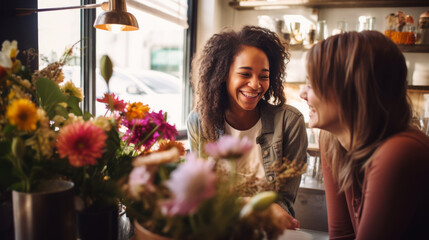 Two friends sharing a joyful moment over coffee in a cozy cafe - obrazy, fototapety, plakaty