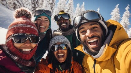 Group of friends having fun in the snow on a sunny day. A group of friends having a great time wearing ski outfit looking at the camera in the snow mountain on a ski holiday