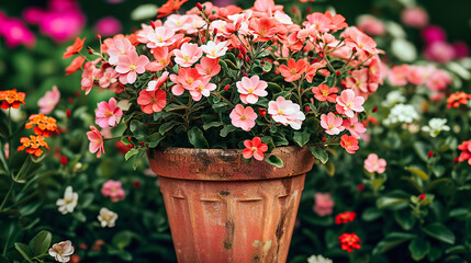 Fototapeta na wymiar Vivid Geranium Blooms in Full Splendor, Showcasing a Spectrum of Summer Colors from Bright Reds to Soft Pinks Amidst Lush Greenery