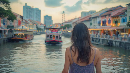 Fototapeta na wymiar A photo of a woman walking along the Singapore River, with the Boat Quay and Clarke Quay in the background and a traditional bumboat passing by.