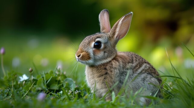 a small rabbit sitting in the grass looking at the camera with a curious look on its face and ears,.