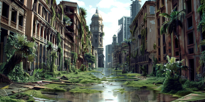 a huge abandoned city is shown with grass growing alongside