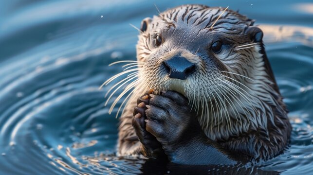 a close up of a otter in a body of water with it's hands on it's face.