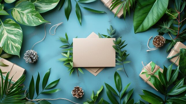 Blank Paper Mockup with Tropical Leaves Background, Generative ai