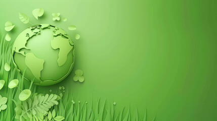 Green World Paper Cute Style With Earth, Earth Day Banner and World Environment Day Concept. Nature and Ecology Background