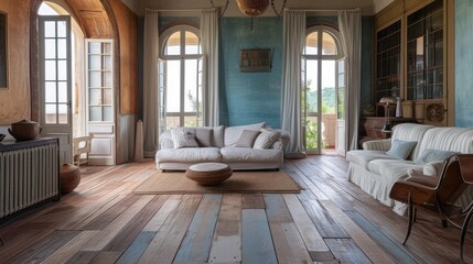 a living room with a couch, chair, coffee table, bookshelf, and a rug on the floor.