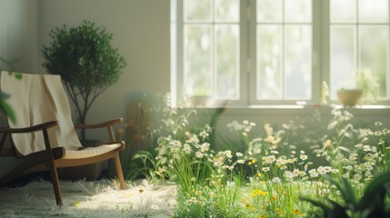 Comfortable Scandinavian minimalist interior overgrown with grass and flowers. Sunlight from the window. Green lifestyle. A harmonious room with grass, flowers and plants inside.